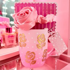Pink & Gold Rose Ceramic Coffee Cup Petal & Pearl Satin Scrunchie Gift Set
